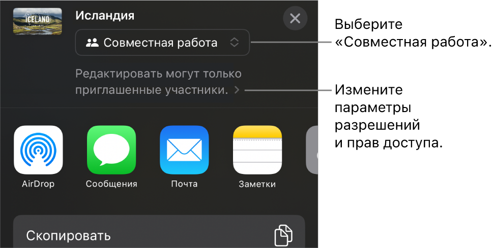 В верхней части экрана отображается меню «Поделиться». Выбран параметр «Совместная работа», под ним находятся настройки прав доступа.