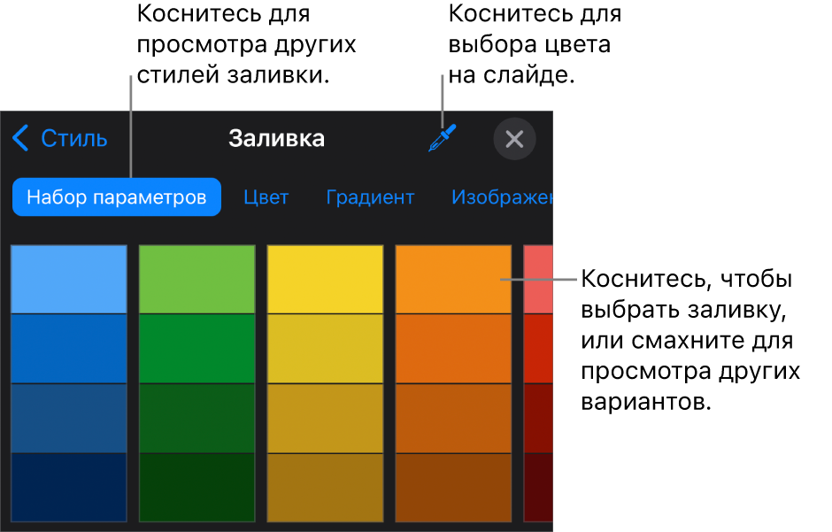 Параметры заливки во вкладке «Стиль».