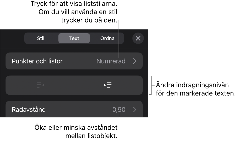 Avsnittet Punkter och listor i formatreglagen med streck som pekar på Punkter och listor, knapparna för indrag och minskat indrag samt reglage för radavstånd.