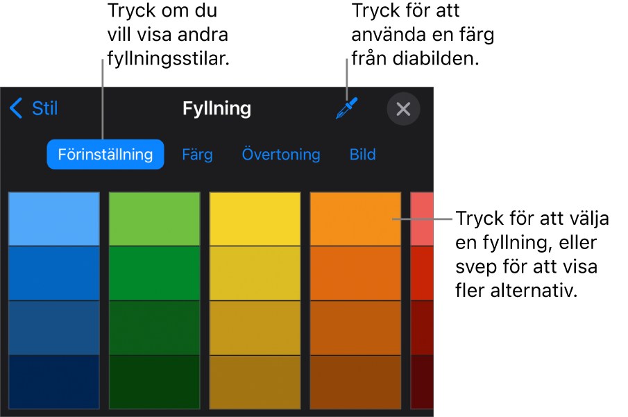 Fyllningsalternativ på fliken Stil.