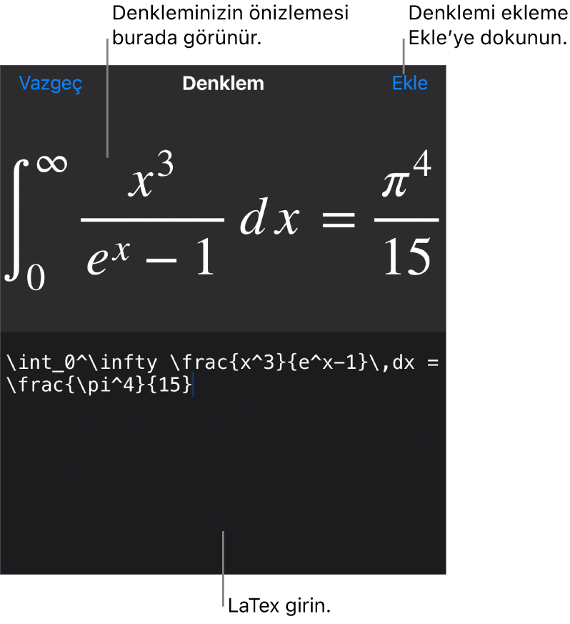 LaTeX komutları kullanılarak yazılmış bir denklemi ve onun üstünde formülün önizlemesini gösteren Denklem sorgu kutusu.