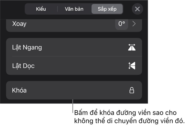 Các điều khiển Sắp xếp trong menu Định dạng với nút Khóa được gọi ra.