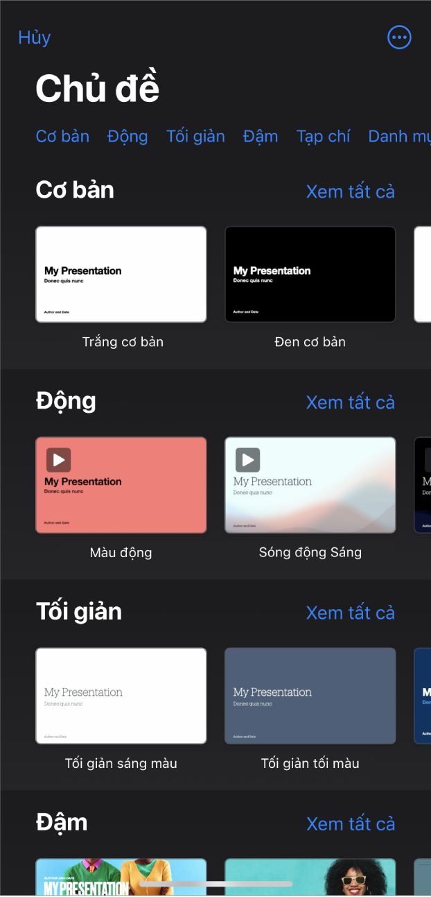 Bộ chọn chủ đề, đang hiển thị một hàng các danh mục dọc trên cùng mà bạn có thể chạm để lọc các tùy chọn. Nút Thêm nằm ở góc trên cùng bên phải nơi bạn có thể đặt định dạng Tiêu chuẩn hoặc Rộng và đặt định dạng cho ngôn ngữ hoặc vùng cụ thể. Bên dưới là các hình thu nhỏ của các mẫu được thiết kế sẵn được sắp xếp trong các hàng theo danh mục. Nút Xem tất cả sẽ xuất hiện phía trên và ở bên phải của từng hàng danh mục.