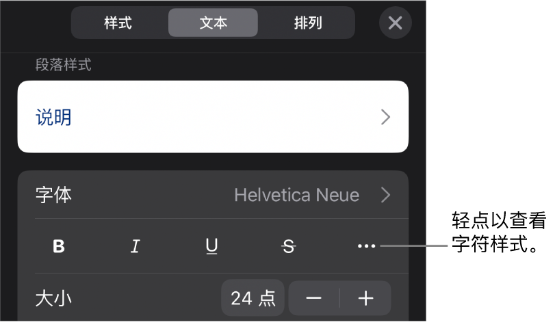 “格式”控制，顶部是段落样式，然后是“字体”控制。“字体”下方是“粗体”、“斜体”、“下划线”、“删除线”和“更多文本选项”按钮。