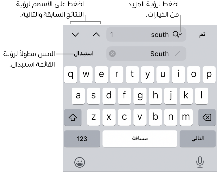 عناصر تحكم البحث والاستبدال أعلى لوحة المفاتيح مع وسائل شرح لأزرار خيارات البحث والاستبدال والانتقال لأعلى والانتقال لأسفل.