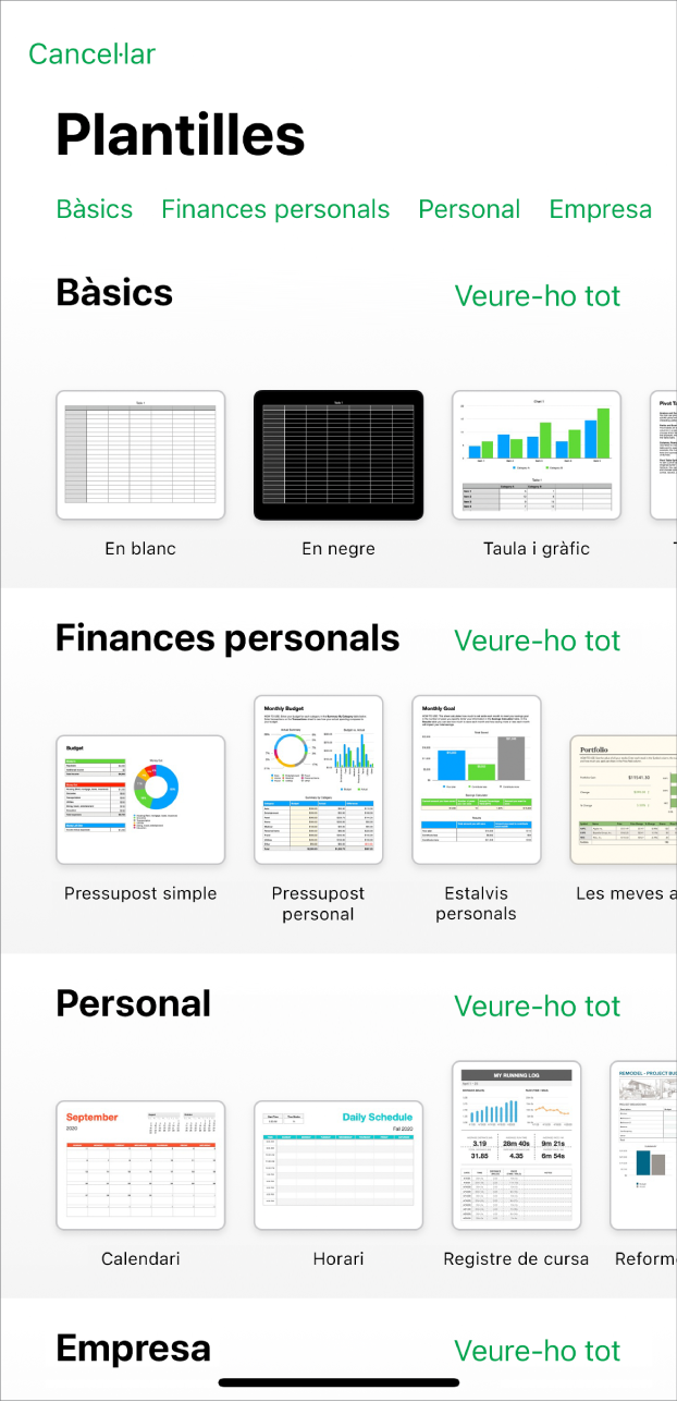 El selector de plantilles, amb una fila de categories a la part superior que pots tocar per filtrar les opcions. A sota hi ha miniatures de plantilles predissenyades ordenades en files per categoria: la primera, a la part superior, és “Bàsiques”, seguida de “Finances personals”, “Personal” i “Negocis”. Es mostra el botó “Veure-ho tot” a la part superior i a la dreta de cada fila de categories. El botó de cancel·lar és a l’angle superior dret.