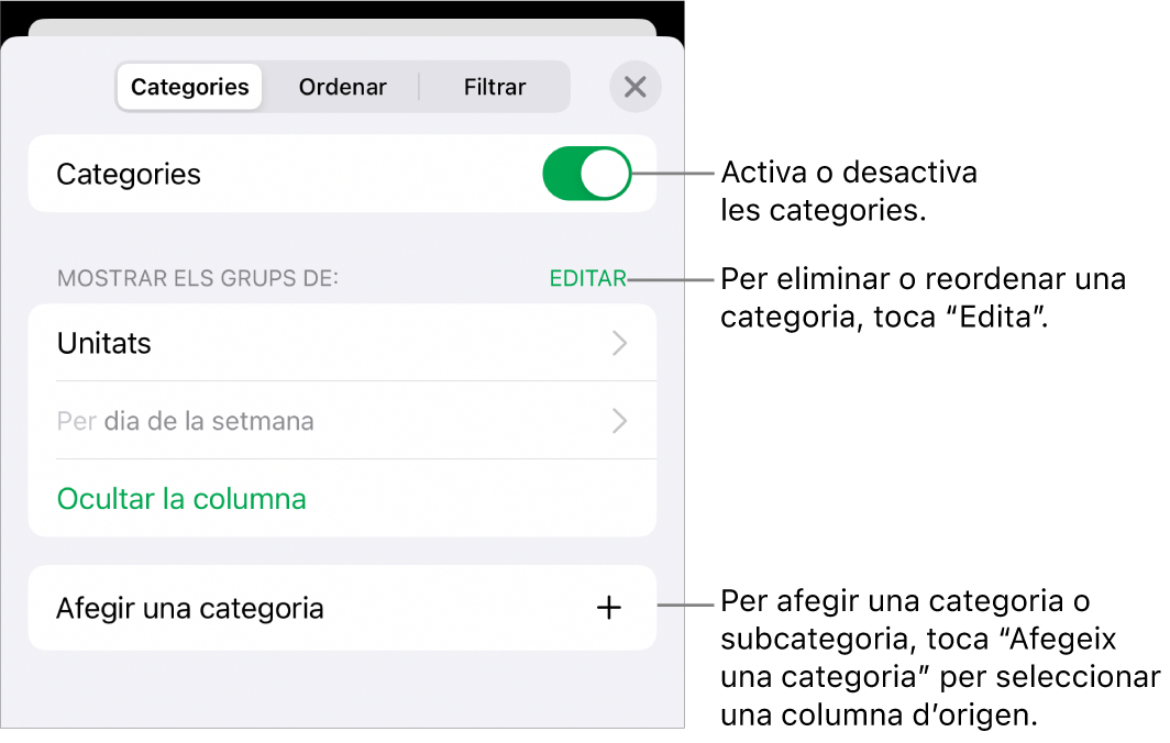 Menú Categories de l’iPhone amb opcions per desactivar categories, eliminar categories, agrupar dades, ocultar la columna d’origen i afegir categories.