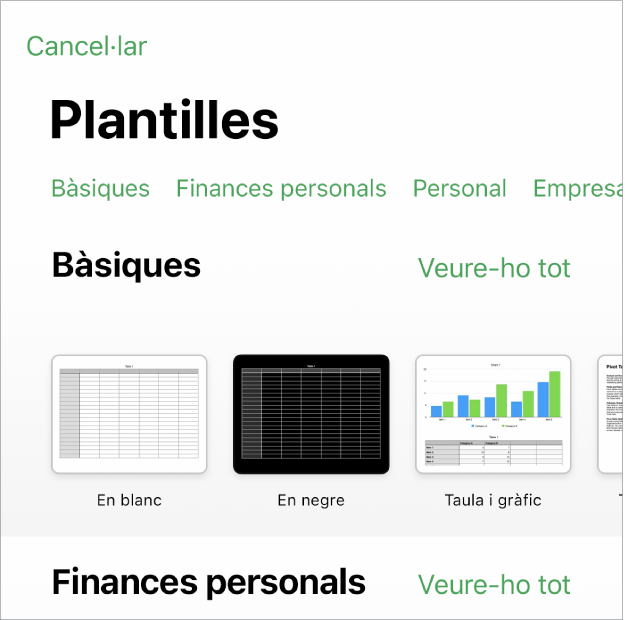 El selector de plantilles, amb una fila de categories a la part superior que pots tocar per filtrar les opcions. A sota hi ha miniatures de plantilles predissenyades ordenades en files per categoria: la primera, a la part superior, és Recents, seguida per Bàsiques. Es mostra el botó “Veure-ho tot” a la part superior i a la dreta de cada fila de categories.