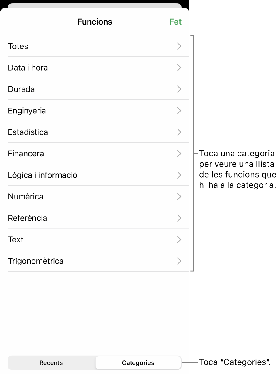 L’explorador de funcions amb el botó Categories seleccionat i la llista de categories a sota.