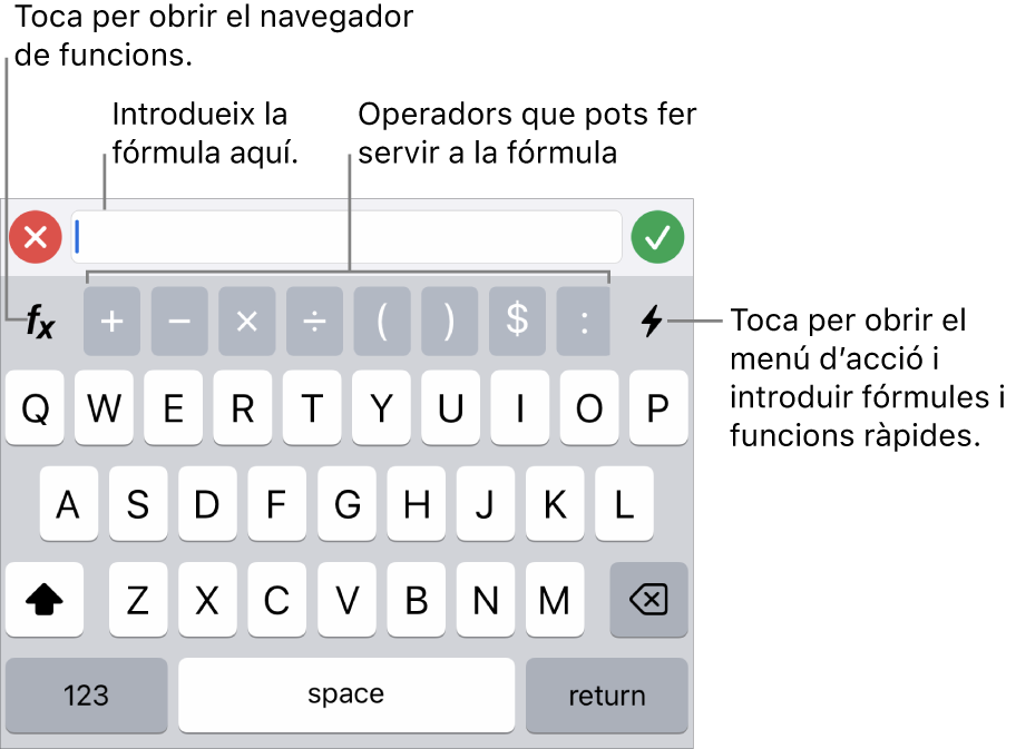 El teclat de fórmules, amb l’editor de fórmules a la part superior i els operadors que s’utilitzen en les fórmules a sota. El botó Funcions per obrir l’explorador de funcions està situat a l’esquerra dels operadors i el botó “Menú d’accions” està situat a la dreta.