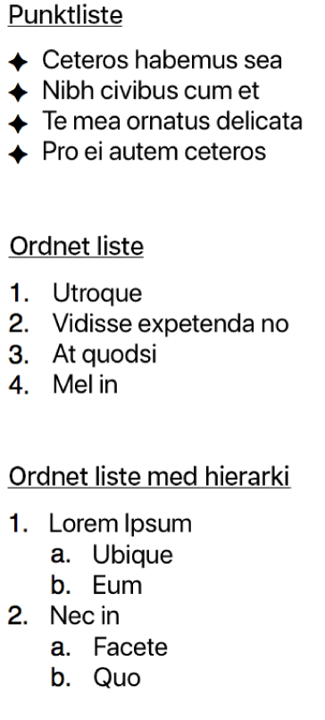 Eksempler på punktlister, ordnede lister og ordnede lister med hierarki.