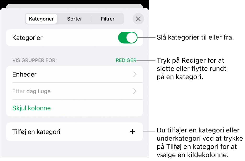 Menuen Kategorier til iPhone med muligheder for at slå kategorier fra, slette kategorier, omgruppere data, skjule en kildekolonne og tilføje kategorier.