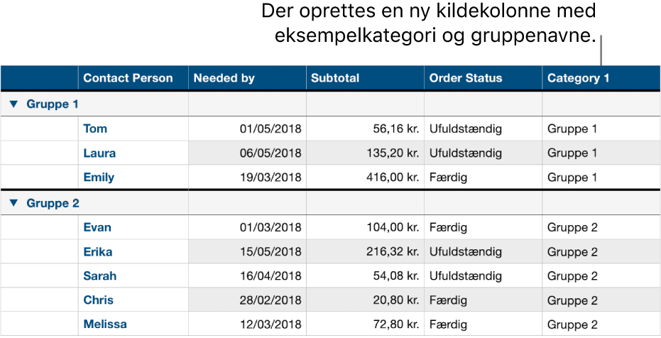 En kategoriseret tabel med eksempelnavne på kategorier og grupper.