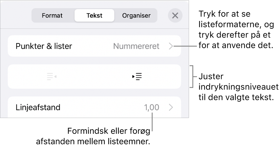 Området Punkter & lister under betjeningsmulighederne til format med billedforklaringer til Punkter & lister, knapperne Ryk ind og Ryk ud og betjeningsmulighederne til linjeafstand.