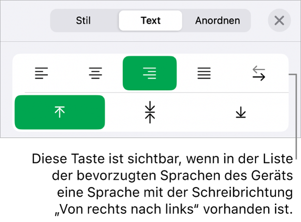 Der Abschnitt „Stil“ des Menüs „Format“ mit einer Beschreibung der Taste „Von rechts nach links“