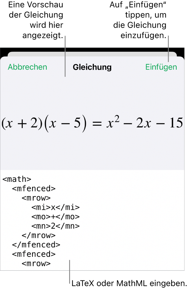 Im Dialogfenster „Gleichung“ wird eine Gleichung angezeigt, die mit MathML-Befehlen geschrieben wurde, darüber wird eine Vorschau der Formel angezeigt.