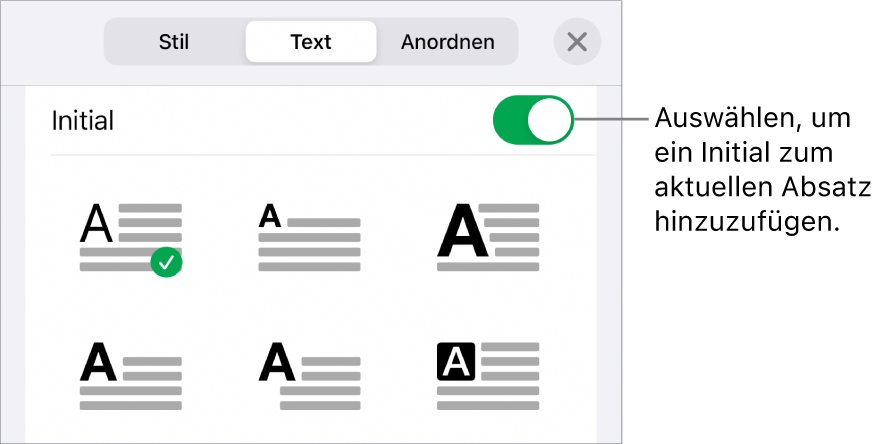 Die Steuerelemente „Initial“ im Menü „Text“