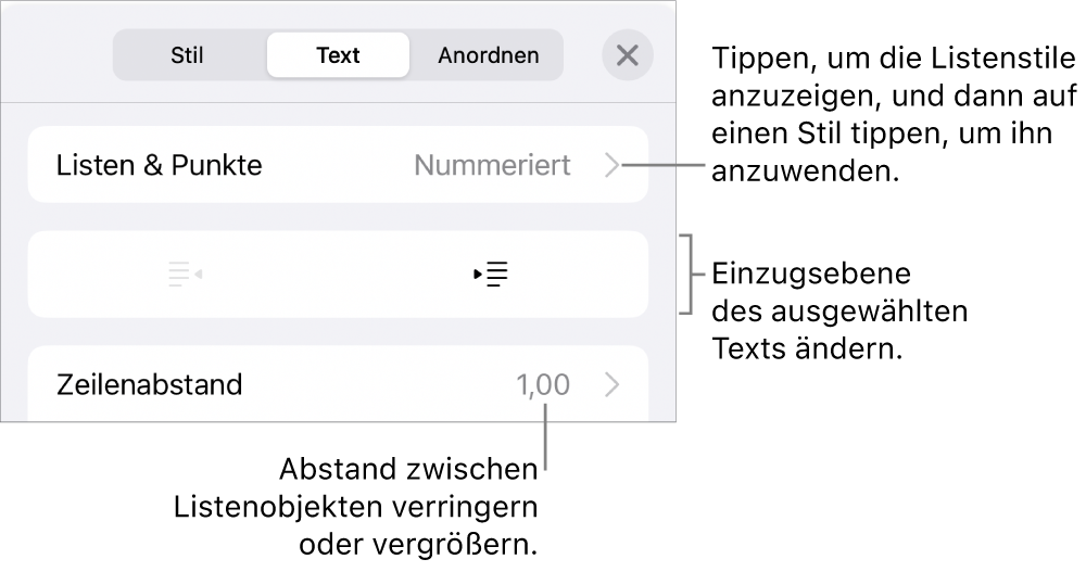 Der Abschnitt „Listen & Punkte“ der Formatsteuerungen mit Beschreibungen für „Listen & Punkte“, den Tasten „Einrücken“ und „Ausrücken“ und Steuerelemente für den Zeilenabstand