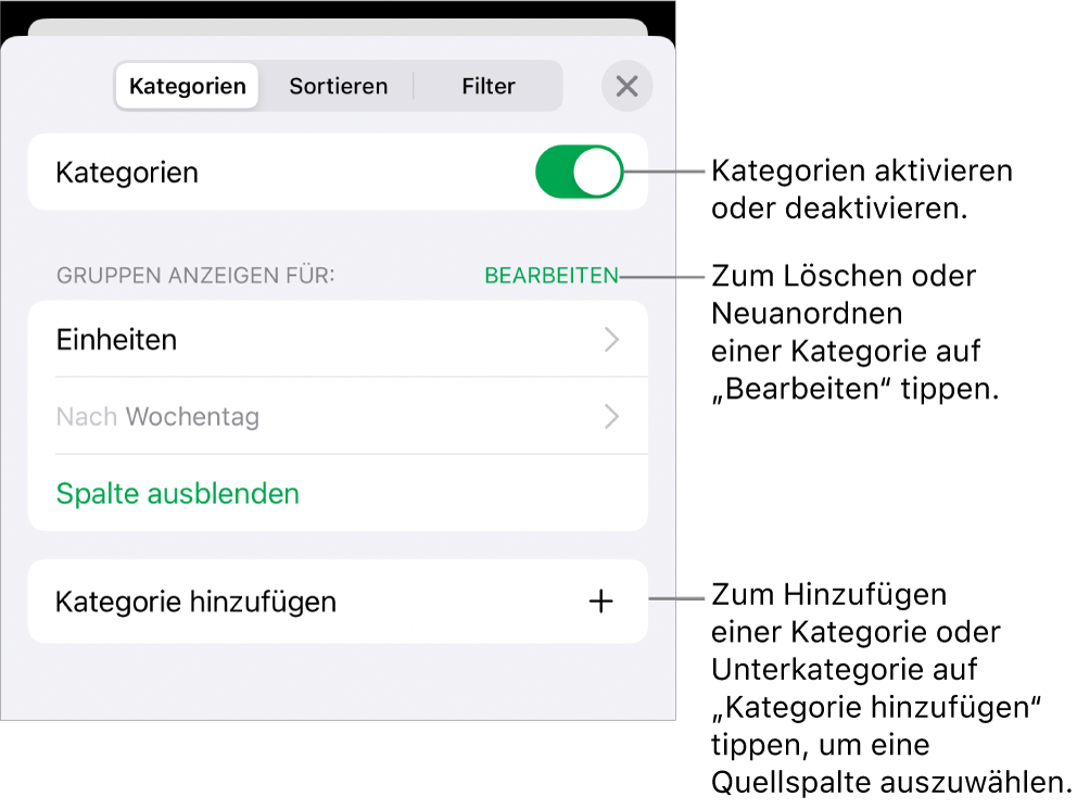 Das Menü „Kategorien“ für iPhone mit Optionen zum Deaktivieren von Kategorien, zum Löschen von Kategorien, zum Neugruppieren von Daten, zum Ausblenden einer Quellenspalte und zum Hinzufügen von Kategorien