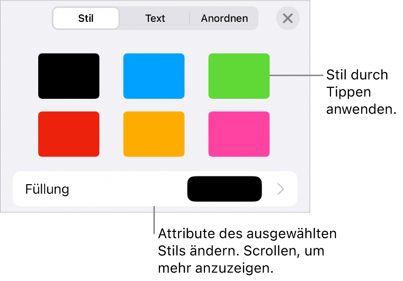 Der Tab „Stil“ des Menüs „Format“ mit Objektstilen oben und darunter einem Steuerelement zum Ändern der Füllung.