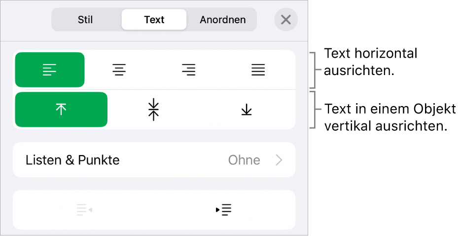 Der Abschnitt „Layout“ im Informationsfenster „Format“ mit Bezugslinien zu den Ausrichtungstasten und zu den Abstandstasten für Text.