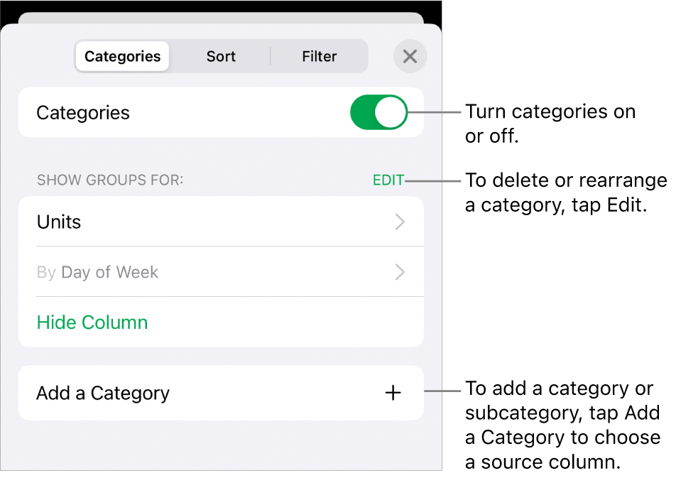 The Categories menu for iPhone with options for turning categories off, deleting categories, regrouping data, hiding a source column, and adding categories.