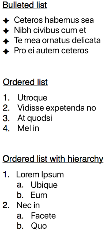 Examples of bulleted, ordered and ordered with hierarchy lists.