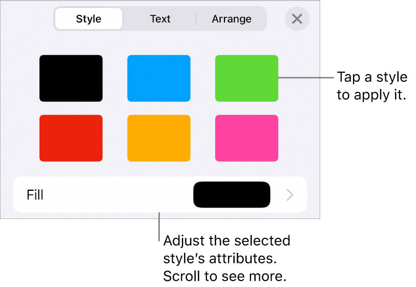 The Style tab of the Format menu with shape styles at the top and a fill colour well below.