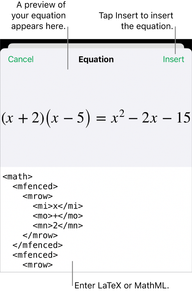 The Equation dialogue, showing an equation written using MathML commands, and a preview of the formula above.