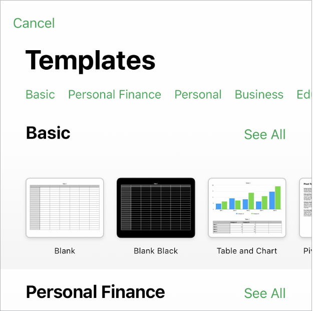 The template chooser, showing a row of categories across the top that you can tap to filter the options. Below are thumbnails of pre-designed templates arranged in rows by category.