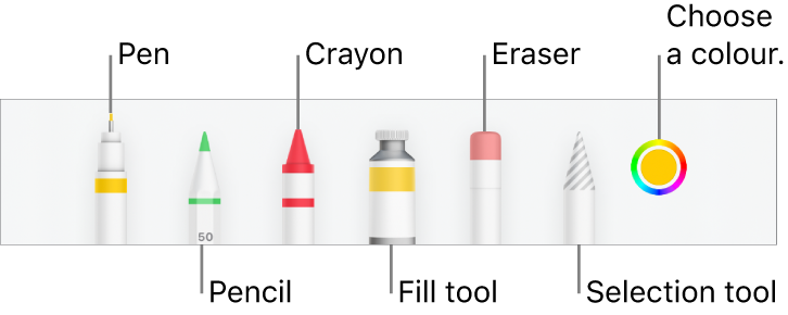 The drawing toolbar in Numbers on iPhone with a pen, pencil, crayon, fill tool, eraser, selection tool, and colour well showing the current colour.