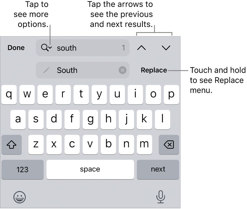 The Find & Replace controls above the keyboard with callouts to the Search Options, Replace, Go Up, and Go Down buttons.