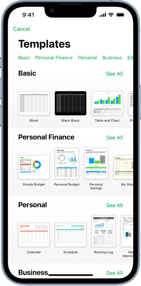 The template chooser, showing a row of categories across the top that you can tap to filter the options. Below are thumbnails of predesigned templates arranged in rows by category, starting with Recents at the top and followed by Basic and Personal Finance. A See All button appears above and to the right of each category row. The Language and Region button is in the top-right corner.