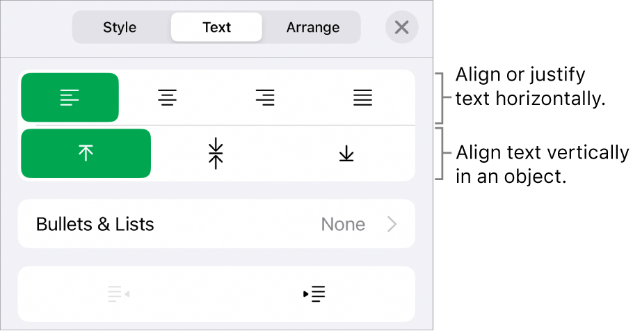 The Layout section of the Format inspector with callouts to the text alignment and spacing buttons.