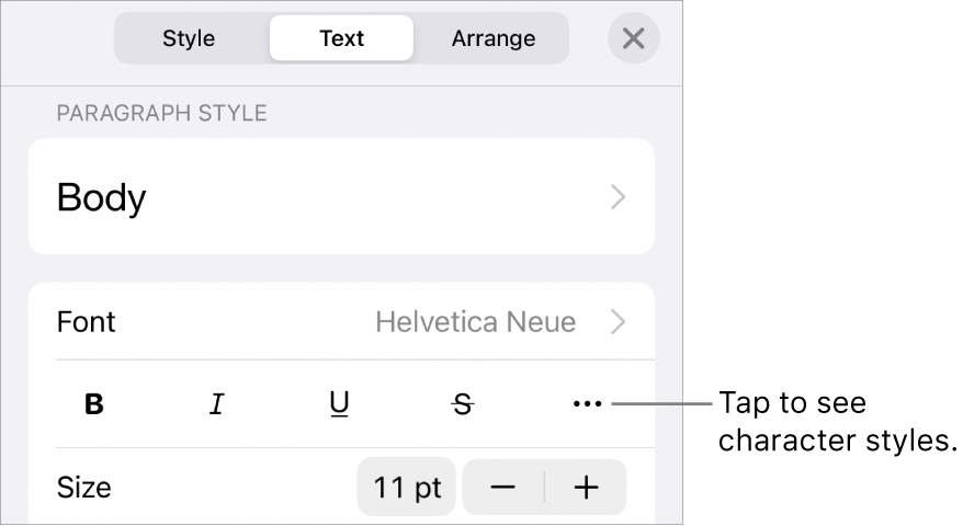 The Format controls with paragraph styles at the top, then Font controls. Below Font are the Bold, Italic, Underline, Strikethrough, and More Text Options buttons.