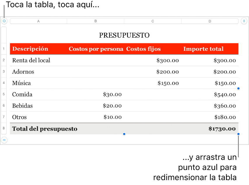 Una tabla seleccionada con puntos azules para redimensionarla.