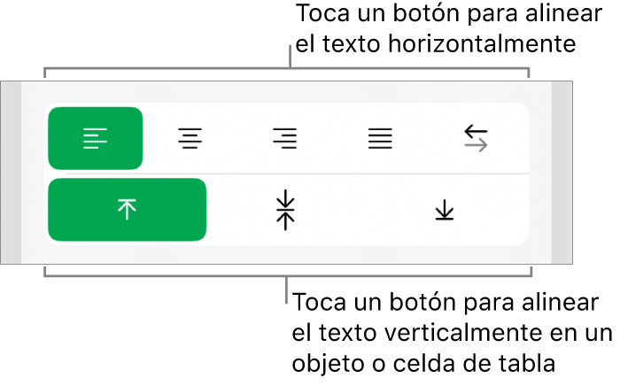 Botones de alineación horizontal y vertical para el texto.