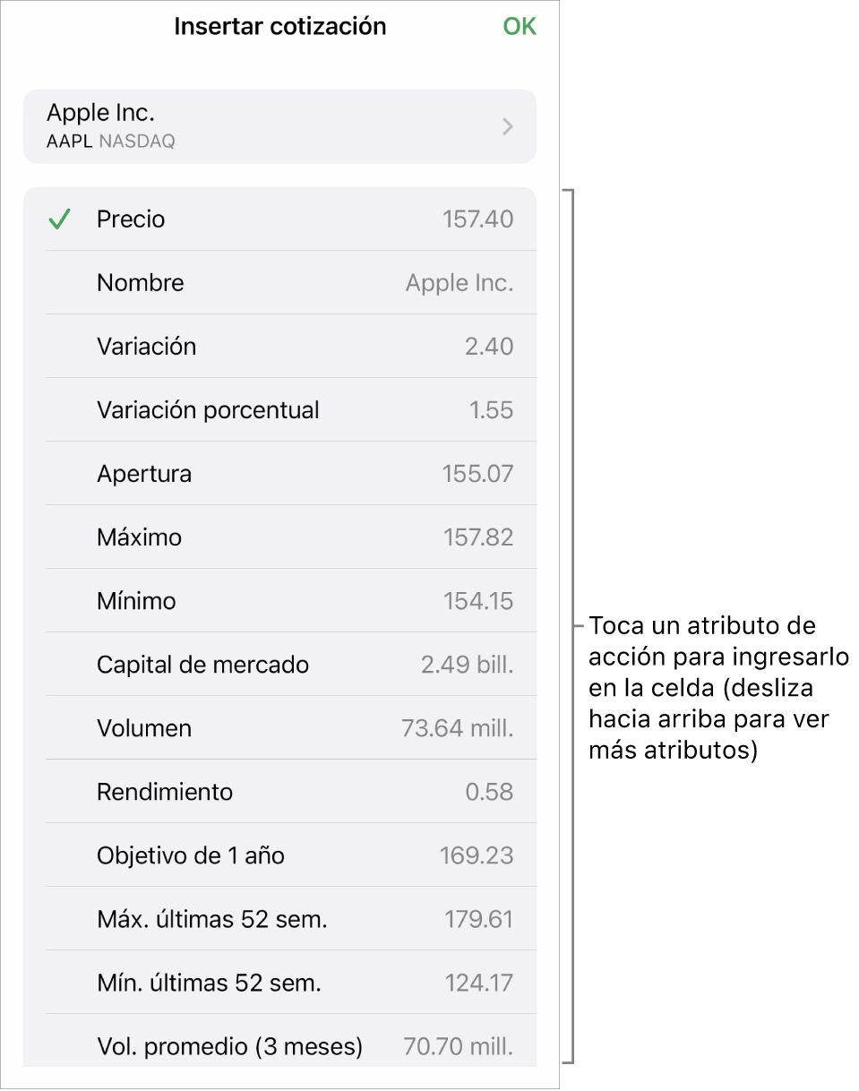 El menú desplegable de cotización de acciones, con el nombre de la acción en la parte de arriba y una lista de atributos de cotización seleccionables (precio, nombre, variación, variación porcentual y apertura) debajo.