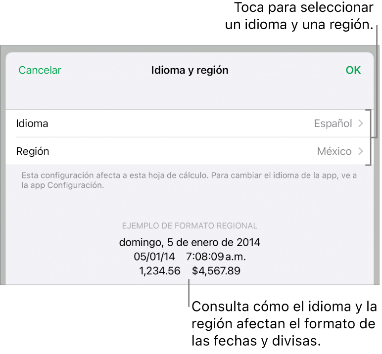 El panel Idioma y región con controles para el idioma y la región, y un ejemplo de formato que incluye una fecha, una hora, y formatos decimales y de moneda.