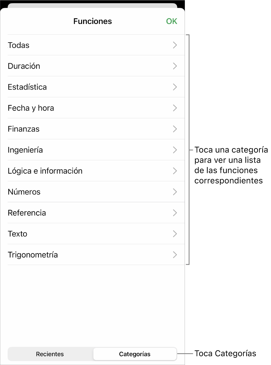 El explorador de funciones con una llamada al botón Categorías y la lista de categorías.