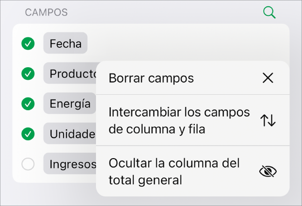 El menú Más opciones de campo, que muestra los controles para ocultar totales generales, intercambiar campos de columna y fila y borrar campos.