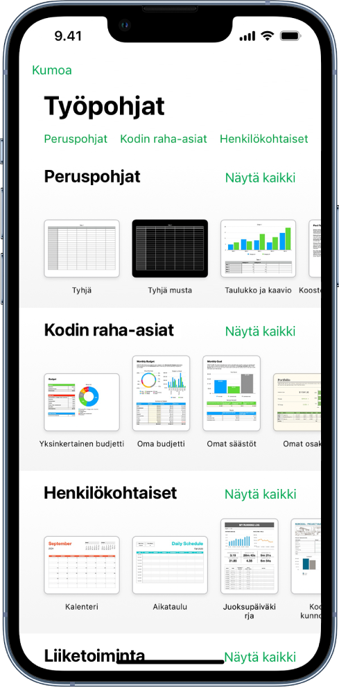 Työpohjan valitsin, jonka yläreunassa näkyy kategorioiden rivi, jota napauttamalla voidaan suodattaa vaihtoehtoja. Alla on esimääritettyjä työpohjia, jotka on järjestetty riveihin kategorian mukaan siten, että yläreunassa ovat äskeiset työpohjat ja niiden alla peruspohjat ja Kodin raha-asiat. Näytä kaikki -painike tulee näkyviin kunkin kategorian yläpuolelle oikealla. Kieli ja alue -painike on oikeassa yläkulmassa.