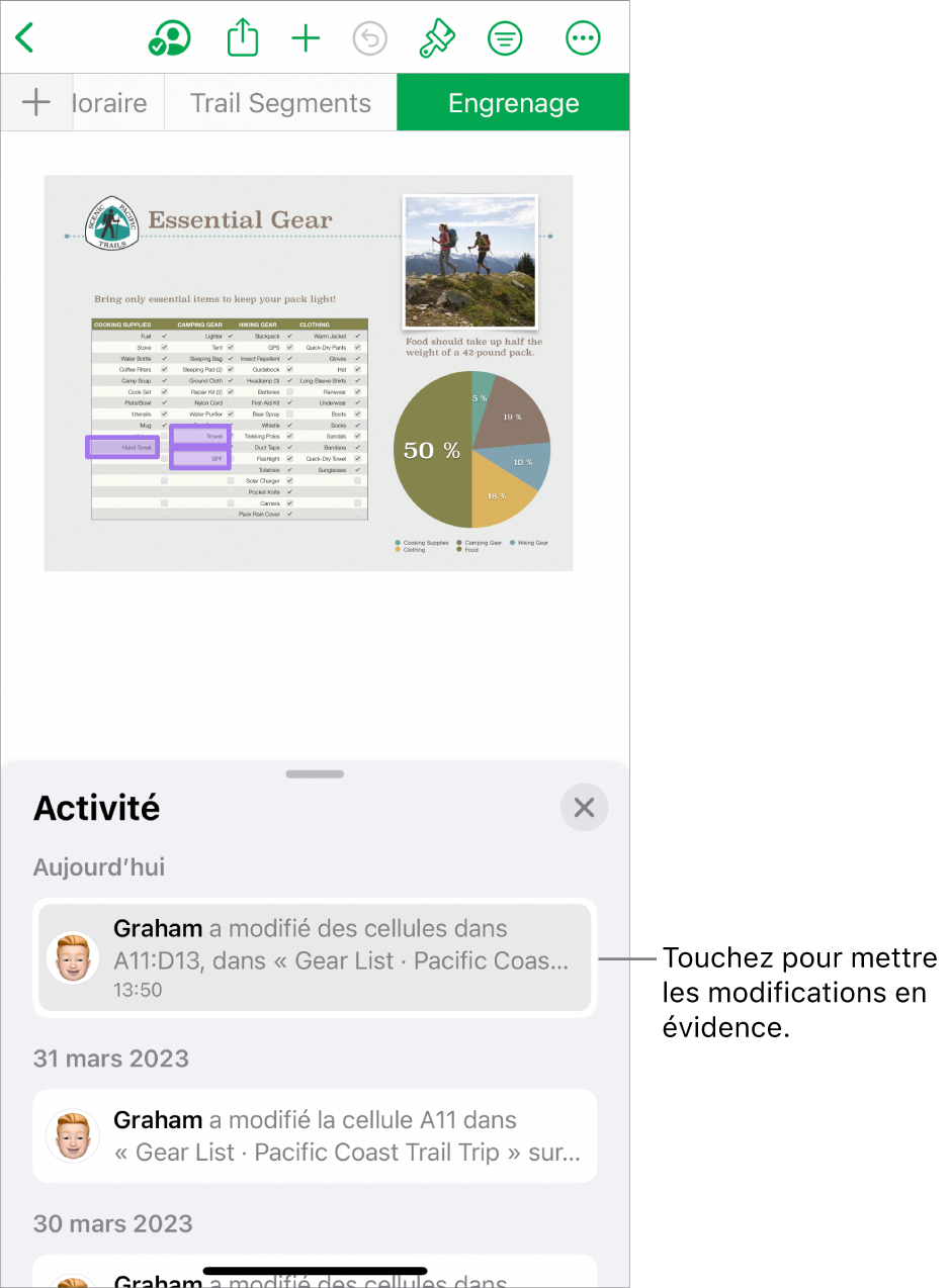 Une feuille de calcul collaborative avec le menu de collaboration et la liste des activités ouverts.