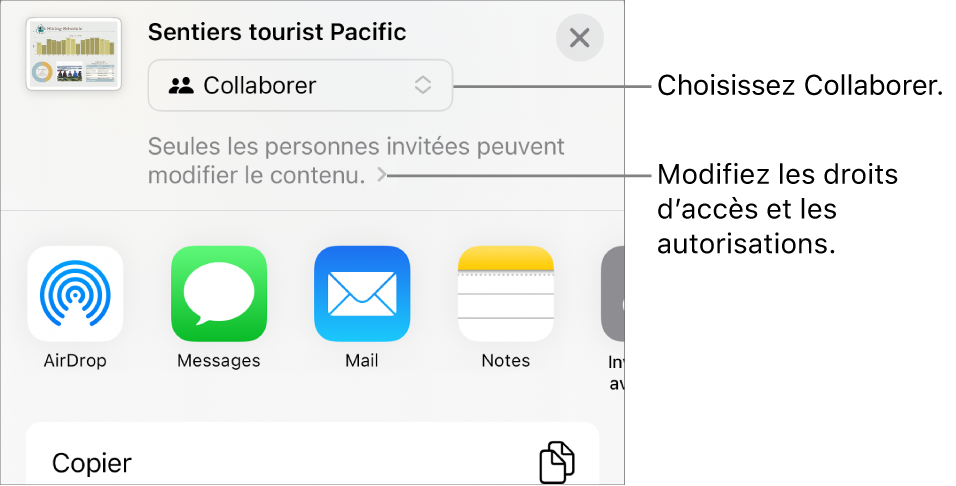 Le menu Partager avec l’option Collaborer sélectionnée dans le haut, au-dessus des réglages d’accès et d’autorisation.