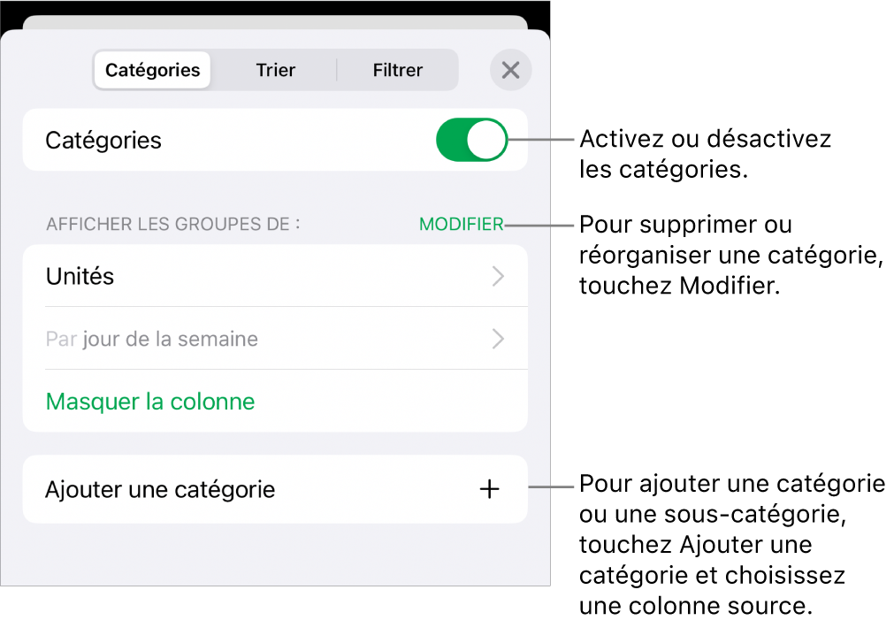 Le menu Catégories pour l’iPhone avec des options pour désactiver des catégories, supprimer des catégories, regrouper des données, masquer une colonne source et ajouter des catégories.