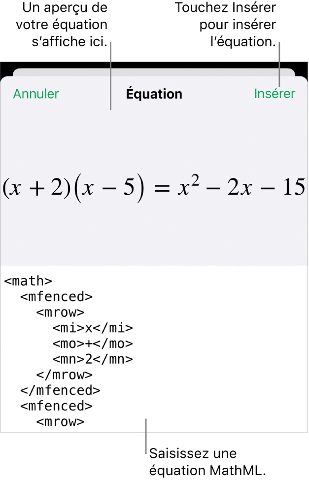 Zone de dialogue Équation, affichant une équation composée à l’aide des commandes MathML, et un aperçu de la formule au-dessus.