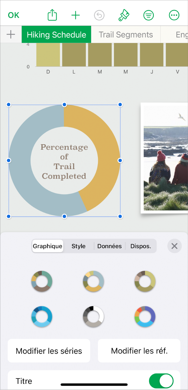 Diagramme circulaire avec les pourcentages des sentiers parcourus jusqu’au bout. Le menu Format est également ouvert, montrant différents styles de graphiques à sélectionner, ainsi que des options pour modifier des séries ou des références du graphique et activer ou désactiver le titre du graphique.