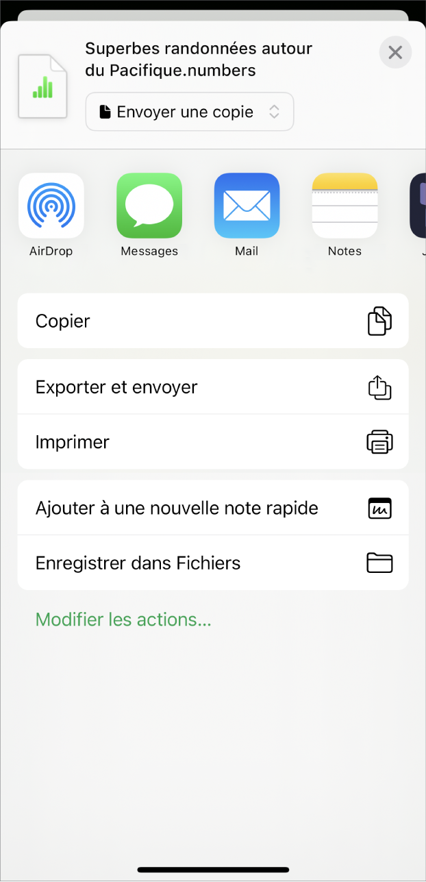 La fenêtre Numbers présentant le menu Partager, avec des options pour envoyer une copie de la feuille de calcul, pour l’exporter et l’envoyer dans un autre format ou pour imprimer ou enregistrer la feuille de calcul dans l’app Fichiers.