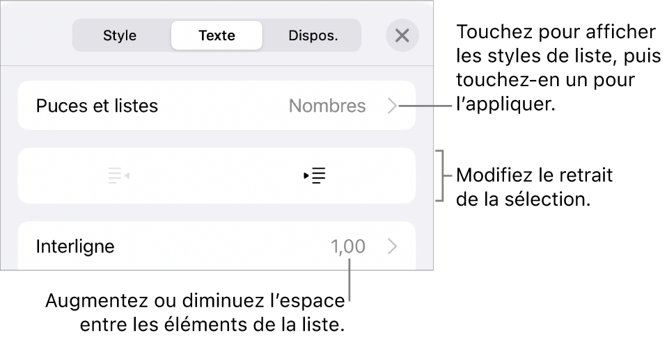 La section « Puces et listes » des commandes Format avec des légendes pour « Puces et listes », les boutons d’indentation et de suppression d’indentation et les commandes d’espacement entre les lignes.