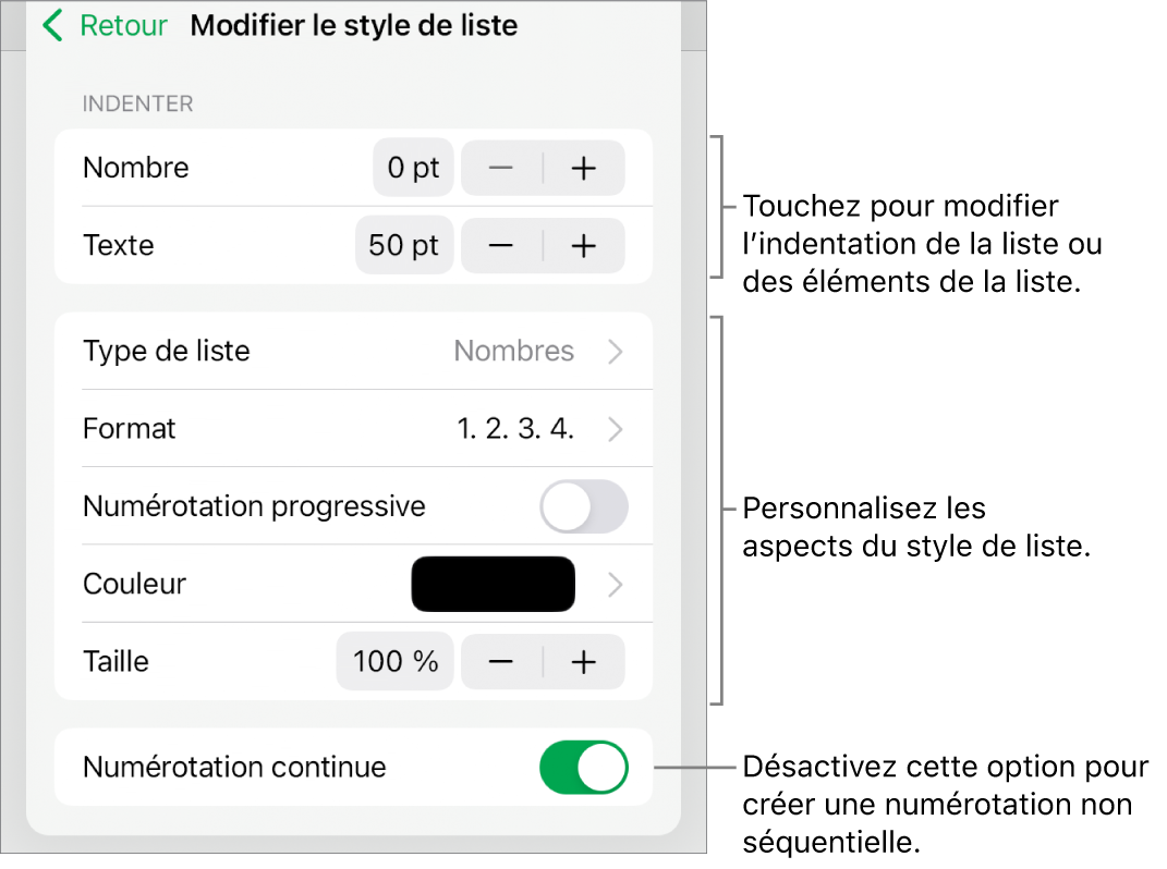 Le menu « Modifier le style de liste » avec des commandes d’espacement de l’indentation, de type et de format de liste, de numérotation progressive, de couleur et de taille de liste, et de numérotation continue.